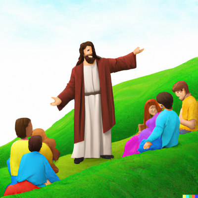 Jesus speaking on a hillside to an assembly of people. Composition by Dorian Scott Cole through AI (Dalle2)