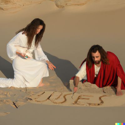 Jesus Writes in Sand for Accusers and Female Adulterer image by Dall-e informed by other images