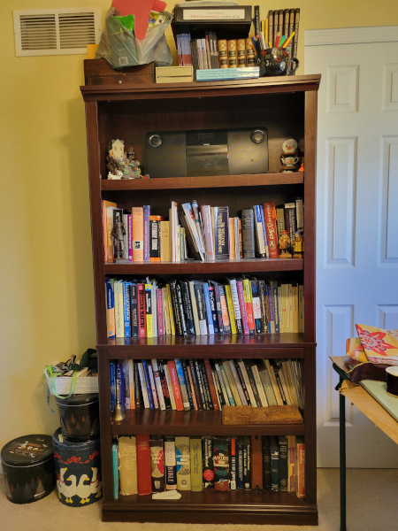 Author’s bookcase with novels, nonfiction, plays, screenplays, artwork, podcasts, books by others, wife’s sewing projects, and dust