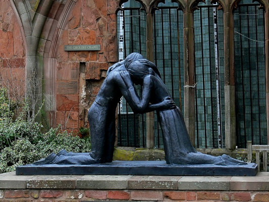 This statue in Coventry Cathedral is by Josefina de Vasconcellos who made it at the age of 90. It was donated to the Cathedral by Richard Branson on the 50th anniversary of the end of World War II (1995). A replica of this statue was donated by the people of Coventry to the peace garden of Heroshima.