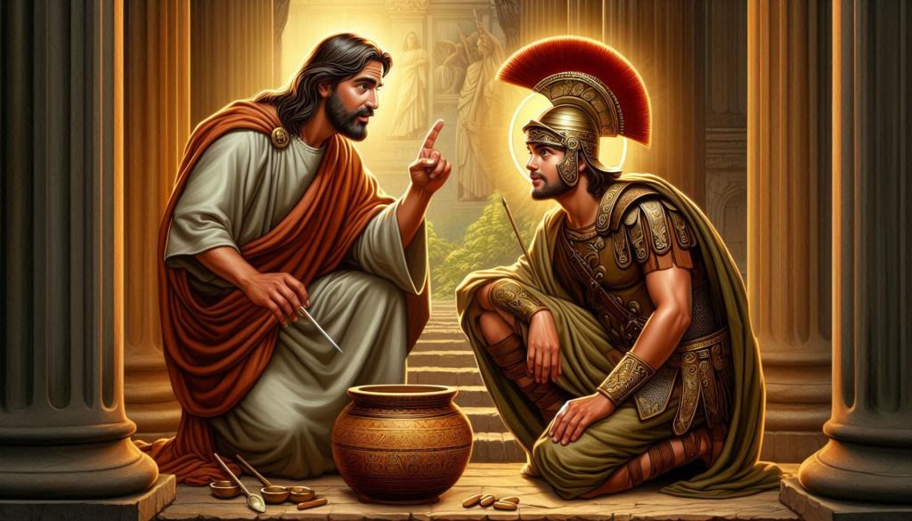 Jesus telling a Roman Soldier His Son Is Healed Because of His Faith, by Microsoft Designer.