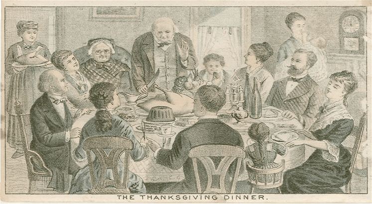  Recto. The Thanksgiving dinner. Edwd. Ridley & Sons. Silks, velvets fancy goods, gent's furnishing goods, laces, embroideries, dress trimmings, ruchings, fringes. Corner of Grand & Allen Streets. ... New York.