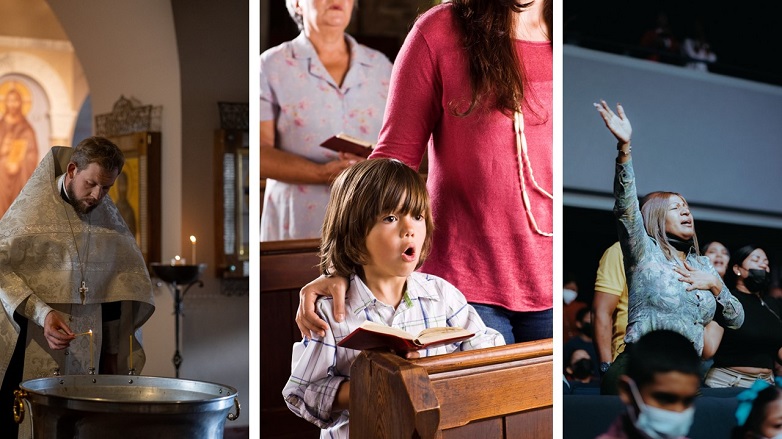 Three contrasting images: Priest lighting candles, child singing in pew, woman raising hand while singing.