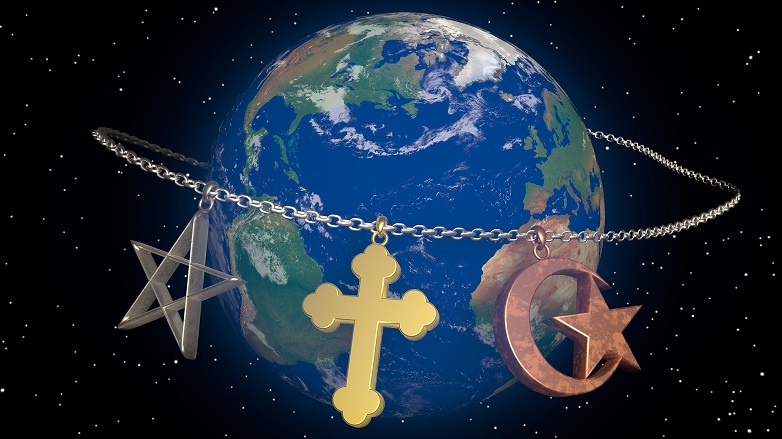Globe with necklace around it. Pentacle, cross, star and crescent moon on necklace.