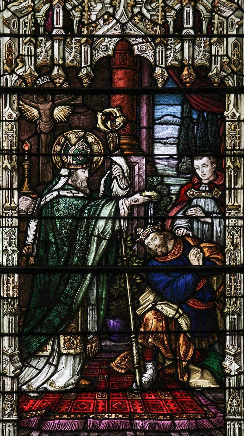 Rethinking St. Patrick: Stained glass Patrick baptizing king