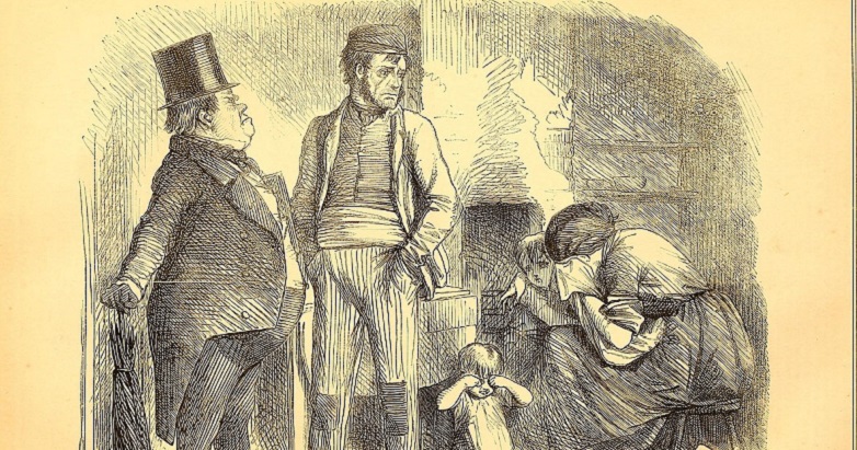 Punch, or the London Charivari. Old etching: Wealthy man in top hat look with disdain on poor family