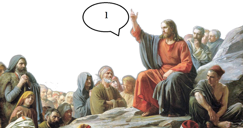 Jesus preaching. Voice bubble saying "1"