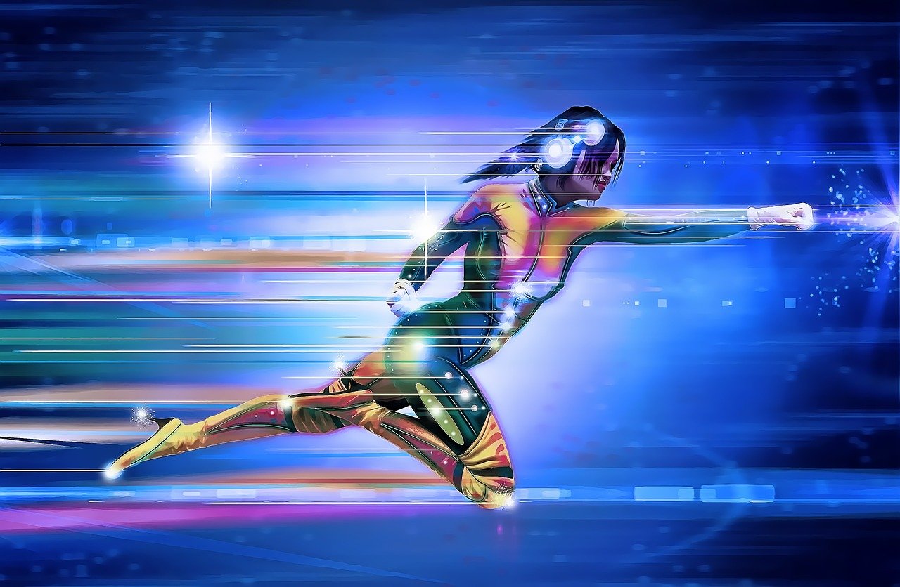 Profile of female superhero flying with blurred background