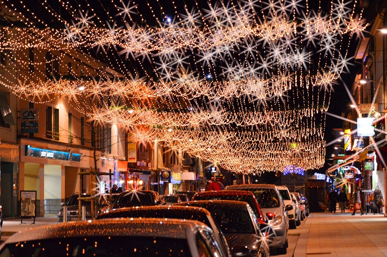 Champagnole downtown with Christmas lighting. Avenue de la République in December 2012.