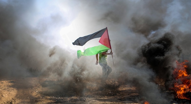 Man carrying Palestinian flag amide background of smoke
