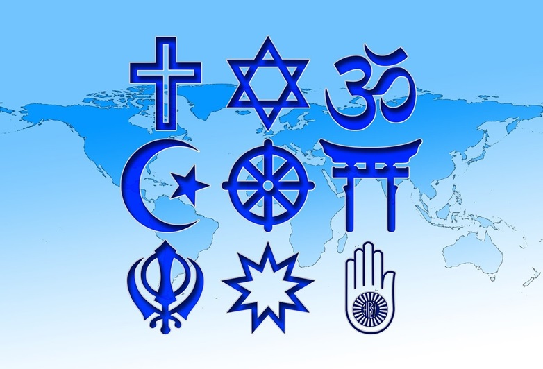 Blue world map overlayed with symbols of world religions