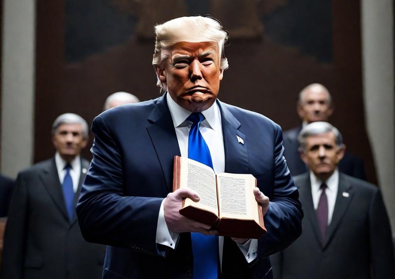AI generated image of Donald Trump holding a Bible, standing in front of old white men