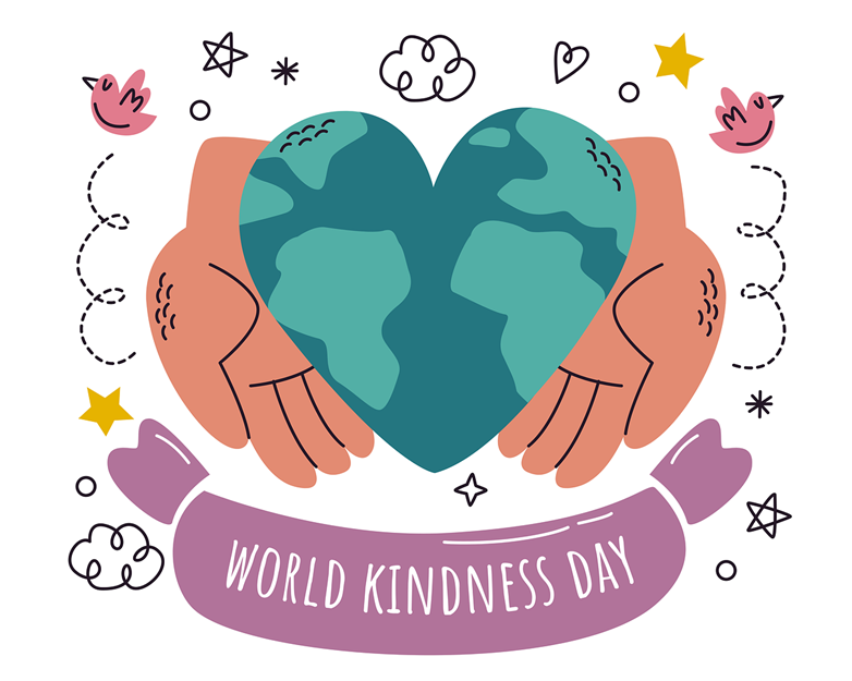 Heart-shaped Earth surrounded by two hands, with sign saying, "World Kindness Day"