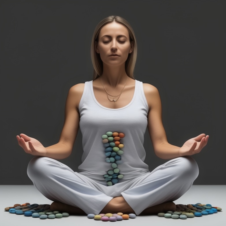 Woman meditating, with medication on her belly
