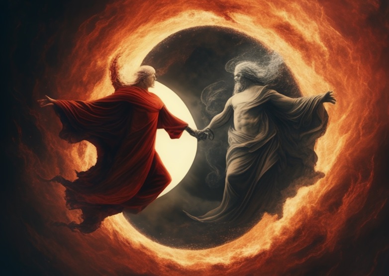 God and the devil fighting or dancing, surrounded by swirling ring of light and darkness