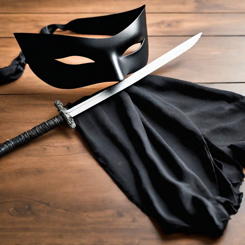 Black mask and scarf on table, alongside sword