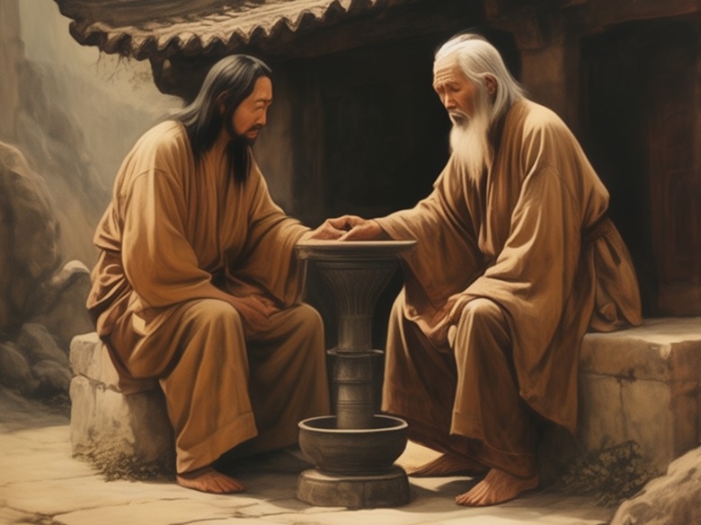 Jesus and Lao Tzu sitting at a well, holding hands.