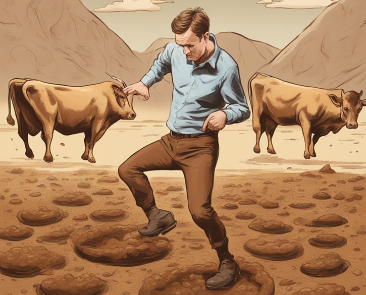 Man in cow field, stepping in cow pies