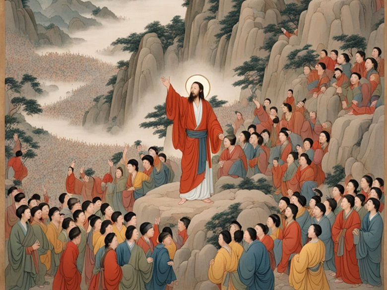 Painting in ancient Chinese style, of Jesus preaching to crowds of people on a mountain