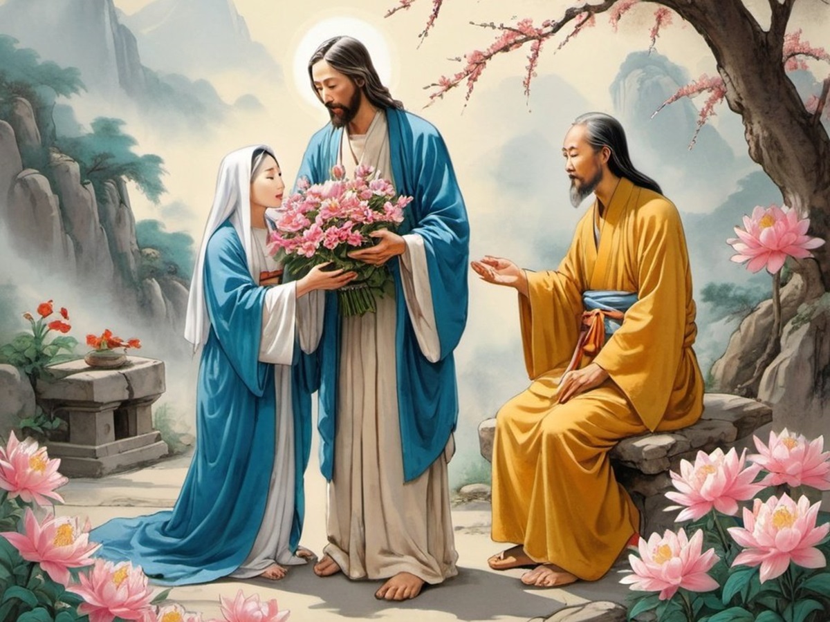 Jesus and Lao Tzu giving flowers to Mother Chochma/Sophia/Tao