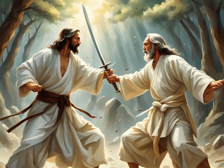 Jezus en Lao Tzu vechten met een zwaard