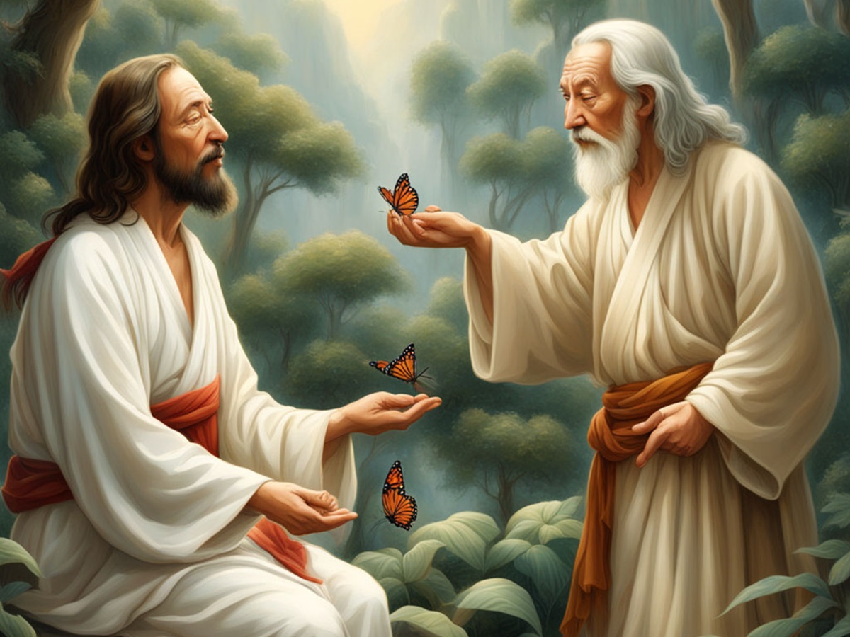 Jesus and Lao Tzu admiring a Butterfly