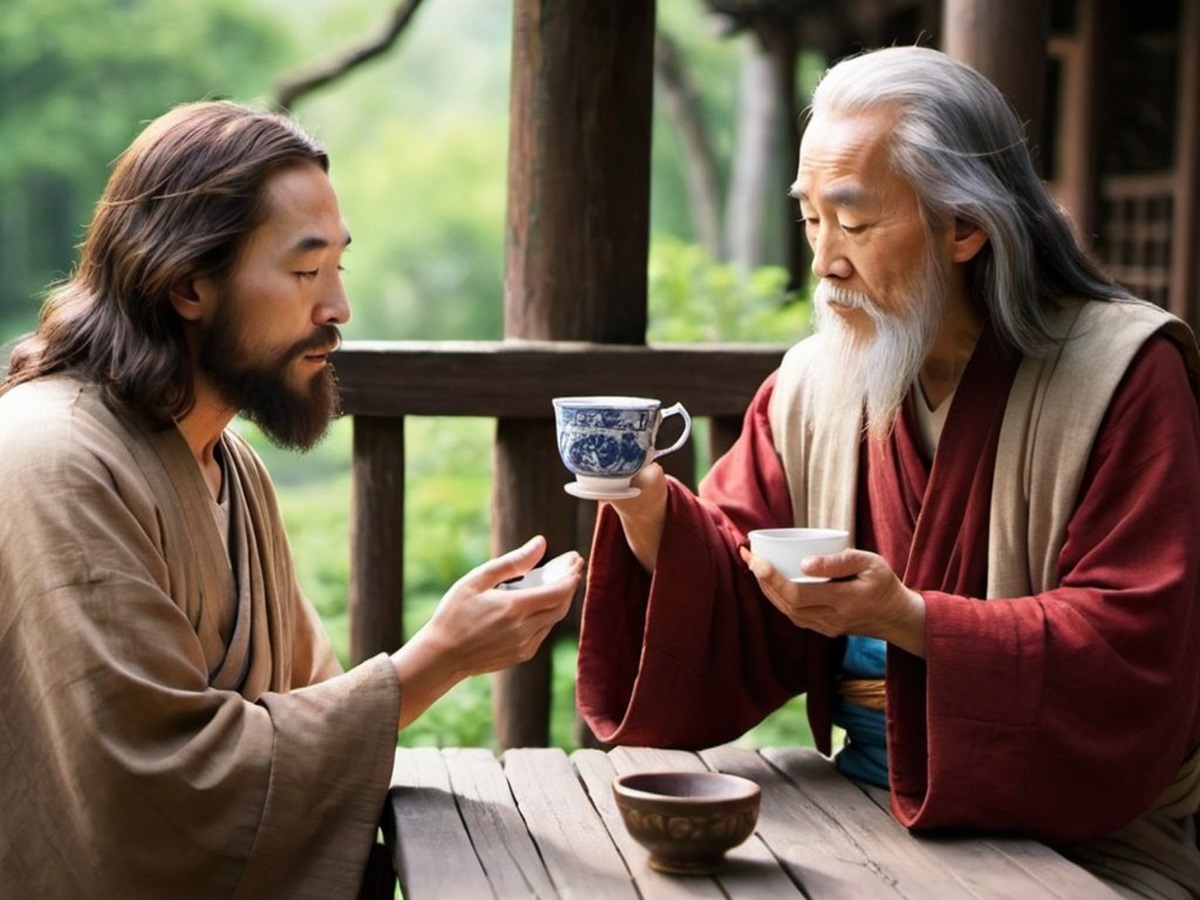 Jesus and Lao Tzu looking at a cup