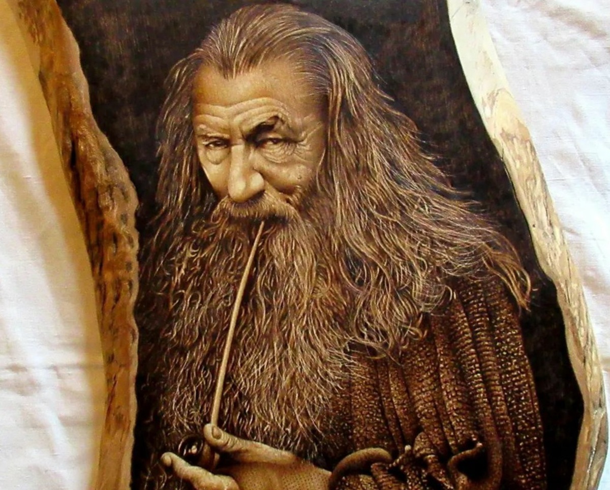 Wood burning of Gandalf with pipe