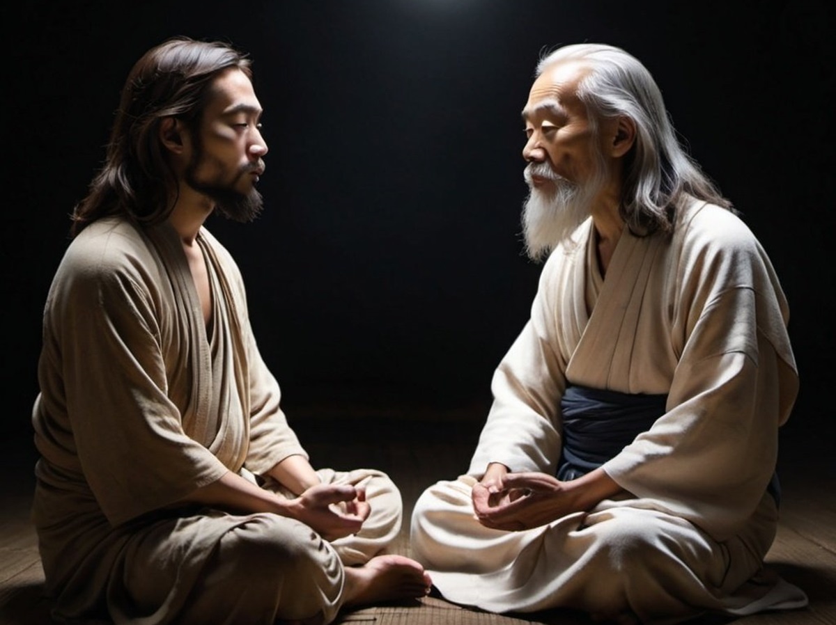 Jesus and Lao Tzu meditating together in darkness