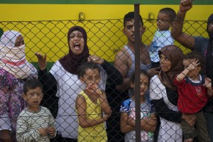 Women and children among Syrian refugees striking at the platform of Budapest Keleti railway station. Refugee crisis. Budapest, Hungary, Central Europe, 4 September 2015.