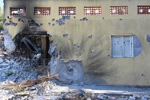 Damaged building in the kibbutz Be'eri in Israel. 