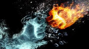 The image shows one fist made of fire and one of water battling it out. It alludes to the warfare over politics being preached in pulpits across America.