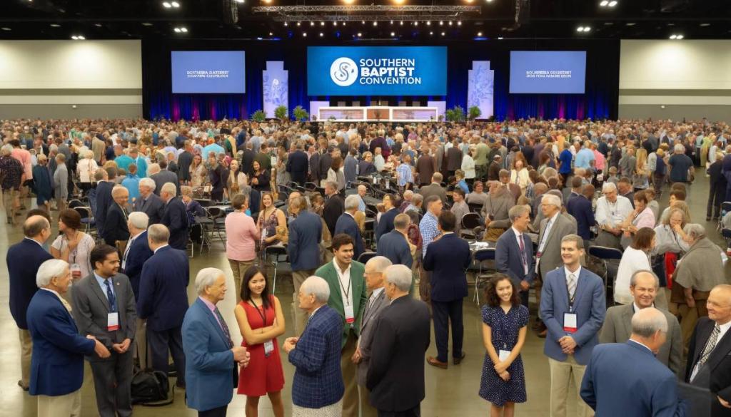 A rendering of a convention floor with many attendees.