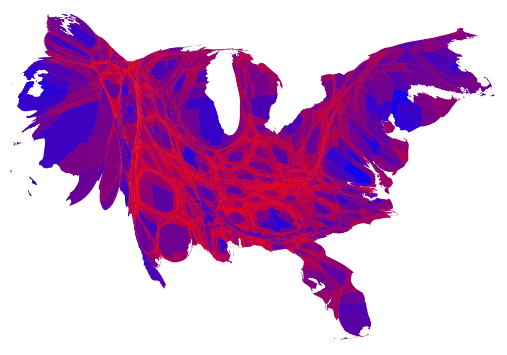 2016 Presidential Election cartogram - color represents county vote percentage, area adjusted by EC total