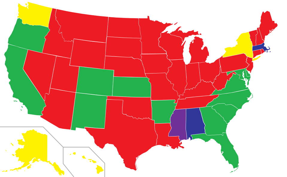 Abortion laws in the US prior to Roe: Red: Illegal. Purple: Legal in case of rape. Blue: Legal in case of danger to woman's health. Yellow: Legal in case of danger to woman's health, rape or incest, or likely damaged fetus. Green: Legal on request.