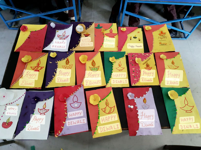 holiday cards for Diwali created by school children of Sadholi Hariya in rural India.