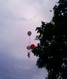 Balloons against cloudy sky and dark tree