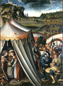 Painting of Judith with the head of Holofernes in a tent. Outside, a group of men are gathered arguing. In the background, there is an army standing in a circle and a large castle on a hill against a sky that looks as if it will begin storming.
