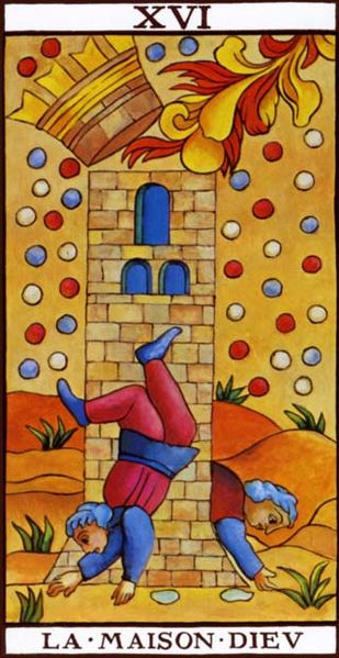 The Tower from Tarot de Marseille.  From WikiMedia.  Image by Nicolas Conver, Public Domain.  