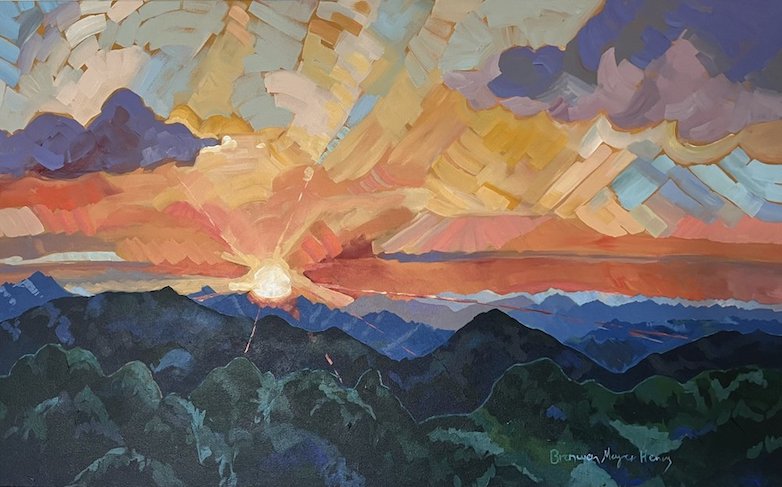 Oil painting of sun dipping between green mountains and an orange sky