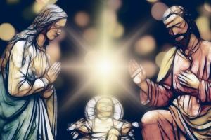 Art rendering of the nativity with Mary, Joseph and Baby Jesus