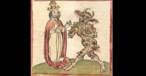 Pope Sylvester II and the Devil, Chronicon pontificum et imperatorum, 1460, Wikimedia Commons. Public domain.