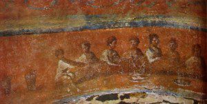 Fractio panis ("Breaking of Bread"), Catacomb of Priscilla in Rome, ca. 2nd Century