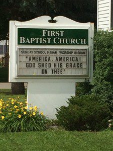 "America" on church sign in Osage, Iowa