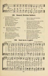 "Trygarre kan ingen vara" on a hymnal page with "Onward, Christian Soldiers"