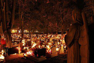 All Saints' candles burning in a Polish cemetery