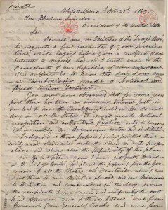 Hale's Sept. 1863 letter to Lincoln about Thanksgiving