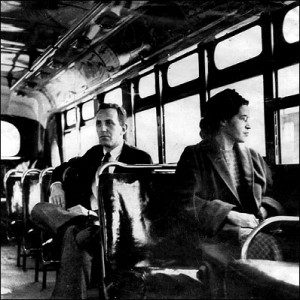 Rosa Parks riding a bus in Montgomery, AL