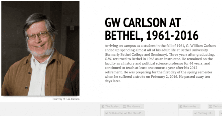 Digital timeline of G.W. Carlson's career at Bethel University