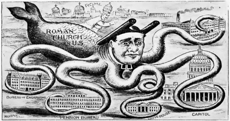 1894 APA cartoon showing the Catholic church as an octopus whose tentacles coil around institutions of the U.S. government